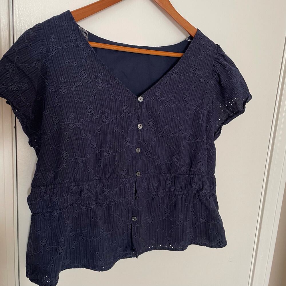 Eyelet Peplum Navy Blue Short Sleeve Top